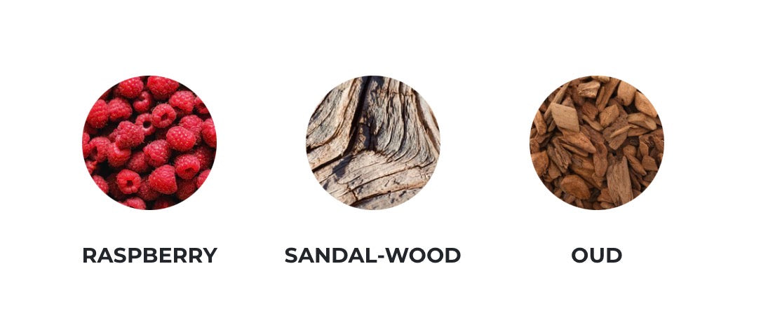 Geurnoten van Majouri Couture Woods parfum: framboos, sandelhout en oud.