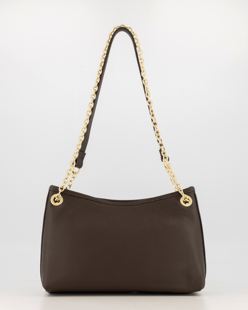 Pisa Classic Grain crossbody tas in donkerbruin leer met goudkleurige kettinghengsel en leren band, vooraanzicht